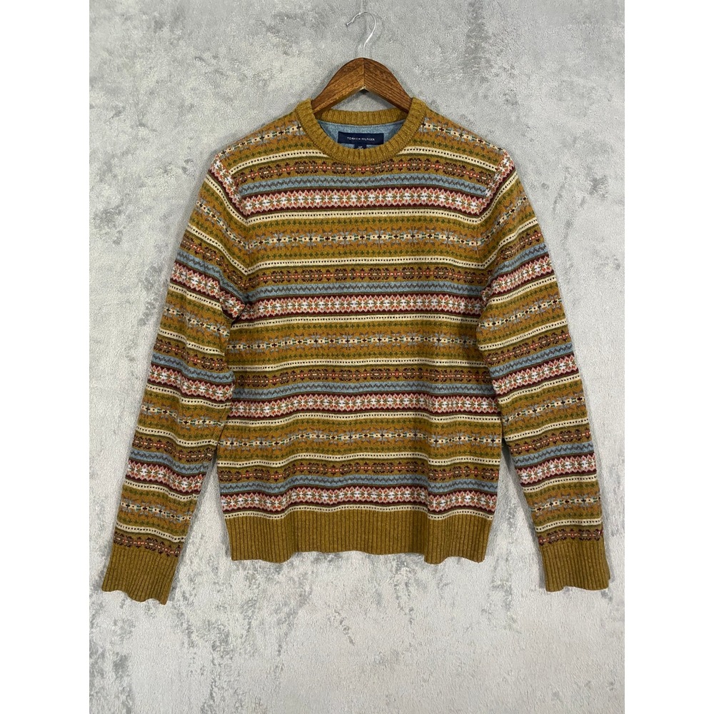 Tommy Hilfiger Sweater Sz S Earthy Yellow Fair Isle Lambswool Crew Neck Knit